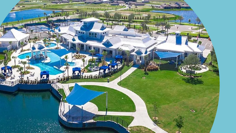 Aerial view of the amenities at Del Webb Bexley in Land O'Lakes, Florida.