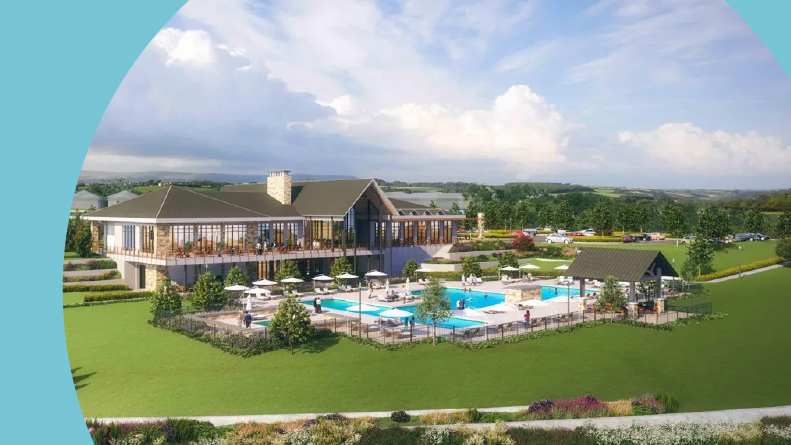 Rendering of an aerial view of the clubhouse and outdoor amenities at Del Webb Minneola in Minneola, Florida.