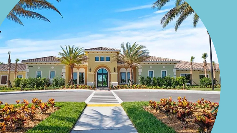 Palm trees surrounding the entrance to Del Webb Naples, one of many stay and play retirement communities in Florida.