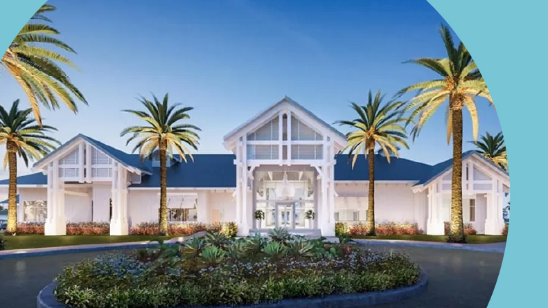 A rendering of palm trees beside the entrance to the clubhouse at Del Webb Oasis in Winter Garden, Florida.