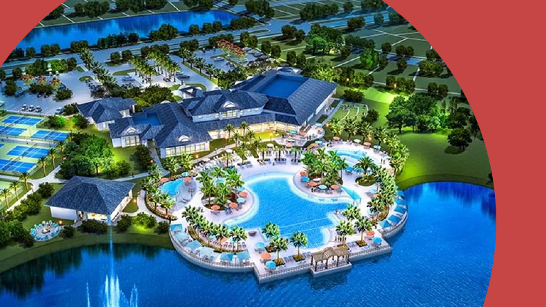 Rendering of an aerial view of the resort-style amenities at Del Webb Sunbridge in St. Cloud, Florida.