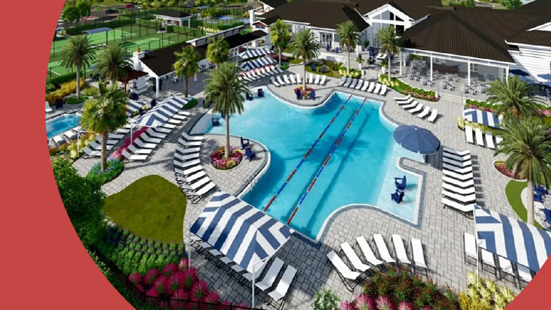 Rendering of an aerial view of the outdoor pool at Del Webb Wildlight in Yulee, Florida.