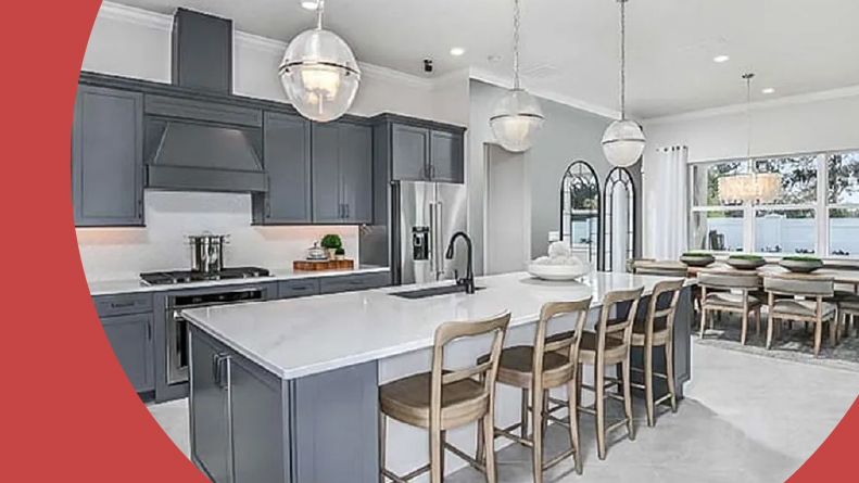 Interior view of the kitchen in a model home in Del Webb at Viera in Melbourne, Florida.