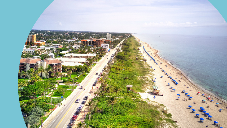 Aerial view of Delray Beach, Florida on a sunny day.