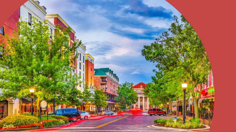 The downtown cityscape of Gainesville, Florida.