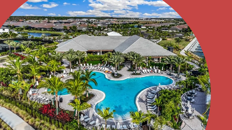 Aerial view of the outdoor pool at Esplanade Lake Club in Fort Myers, Florida.