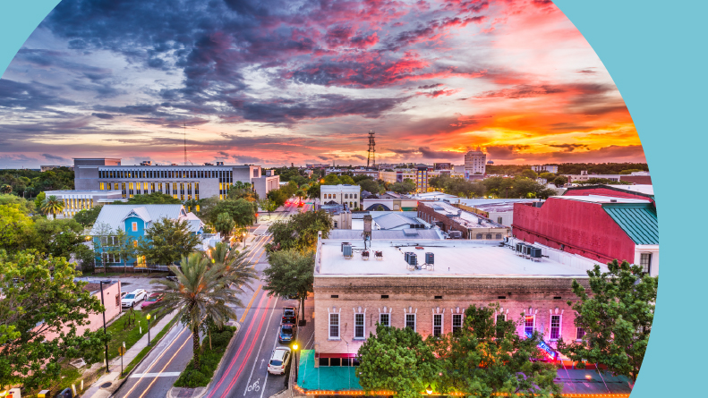 Aerial view of the downtown cityscape of Gainesville, Florida.
