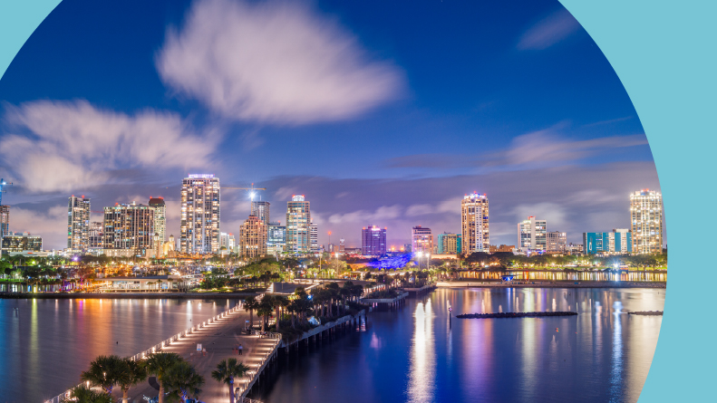The downtown city skyline of St. Petersburg, Florida at night.