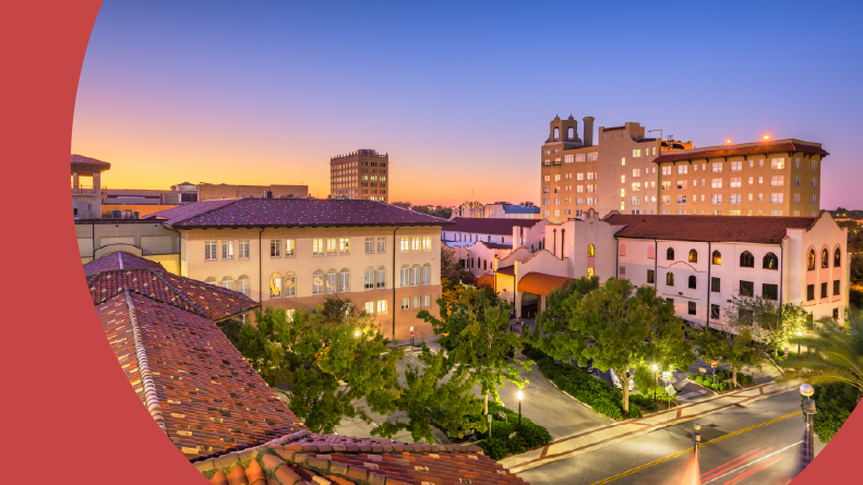 The downtown cityscape at dusk in Lakeland, Florida.