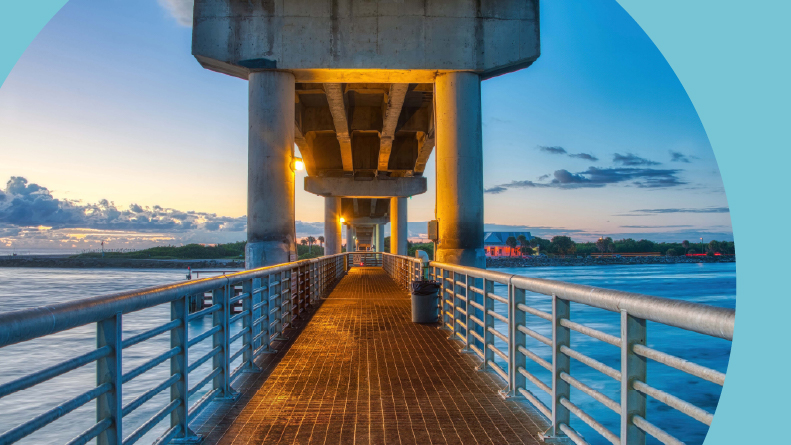 The Sebastian Inlet Fishing Pier in Melbourne, Florida at sunset.