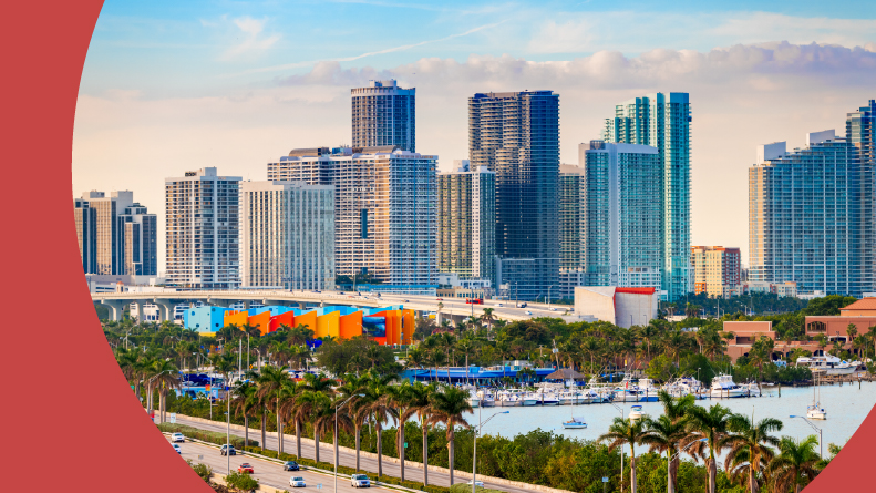 The downtown skyline over MacAurther Causeway in the afternoon in Miami, Florida.
