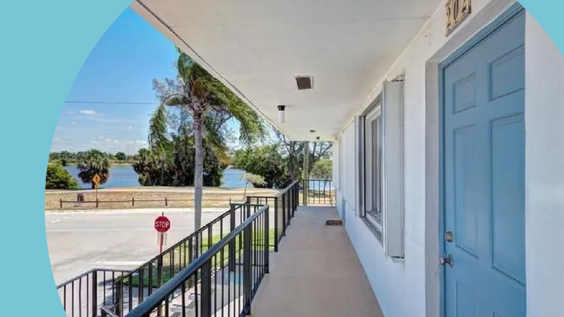 Exterior view of a condo building at Murray Hill, one of many 55+ communities in Florida with low HOA fees.