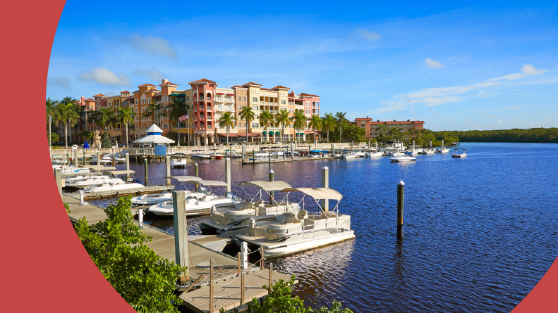The Naples Bay Marina in Florida on a sunny day.