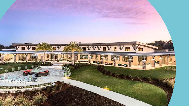 Rendering of an exterior view of the clubhouse at Ocala Preserve, one of many stay and play retirement communities in Florida.