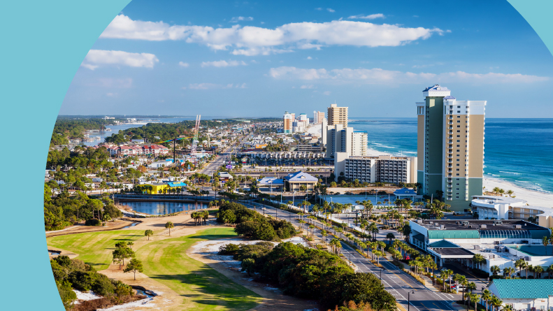 Aerial view of Front Beach Road in Panama City Beach, Florida.