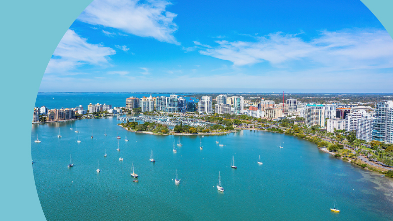 Aerial view of Bayfront Park and Marina Jack in Downtown Sarasota, Florida.