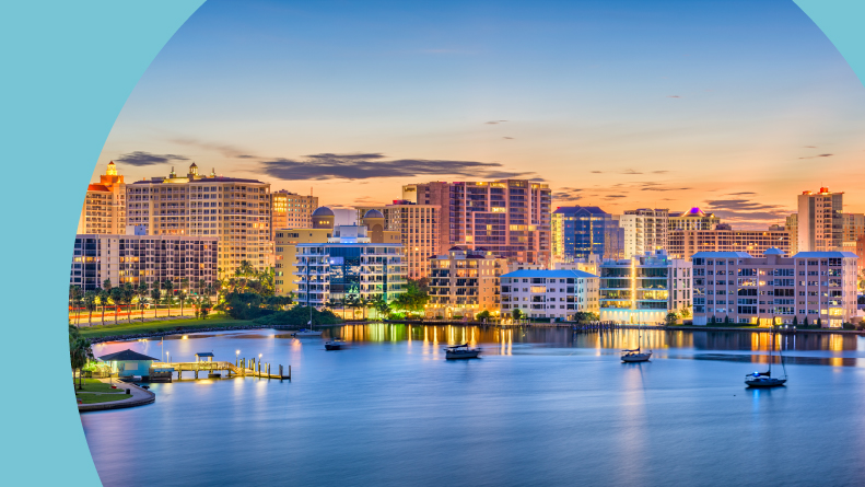 The skyline on the bay at dawn in Sarasota, Florida.