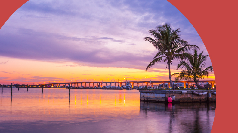 View across the water of Stuart, Florida, at sunset.