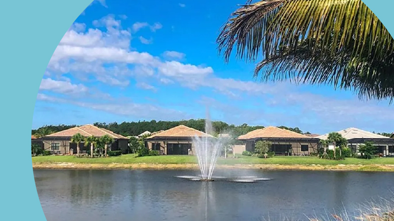 A fountain in a pond on the grounds of The Plantation.