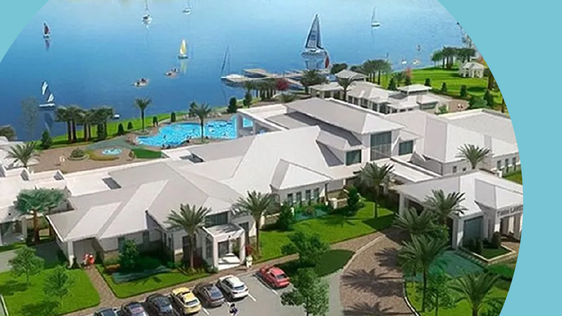 Rendering of an aerial view of the clubhouse and outdoor amenities at Twin Lakes in St. Cloud, Florida.