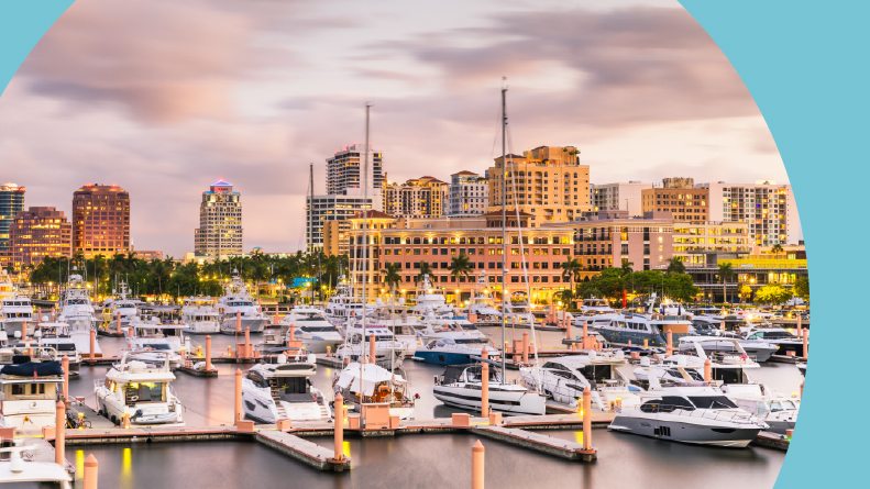 The downtown skyline at dusk in West Palm Beach, Florida.