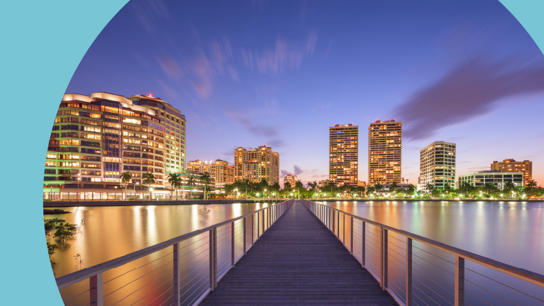 The downtown skyline on the Intracoastal Waterway in West Palm Beach, Florida.