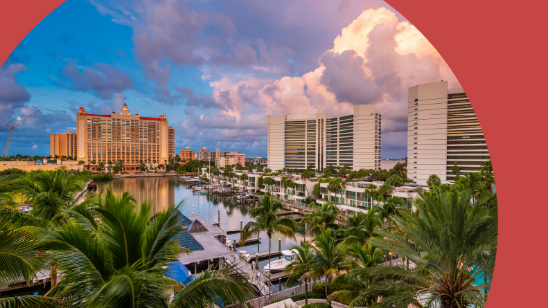 The marina and resorts skyline at dawn in Sarasota, Florida.