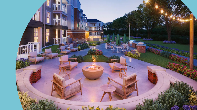 Rendering of an outdoor patio outside residential buildings at Album Summit Pines in Apex, North Carolina.