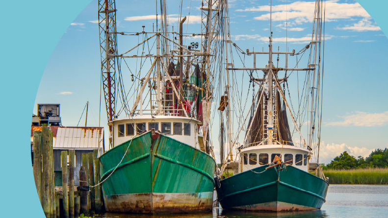 Shrimp fishing boat trawlers docked in Apalachicola, Florida.