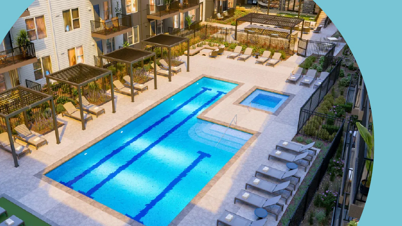 Aerial view of a rendering of the outdoor pool at Aspendale Littleton in Littleton, Colorado.