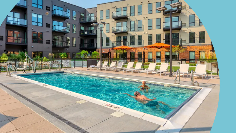 Residents in the outdoor pool at Avidor Glenview in Glenview, Illinois.