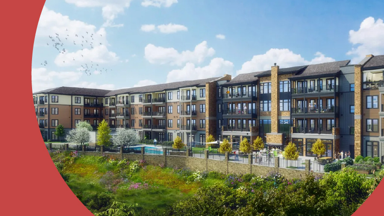 Rendering of an exterior view of the residential buildings at Chorus Asheville in Asheville, North Carolina.