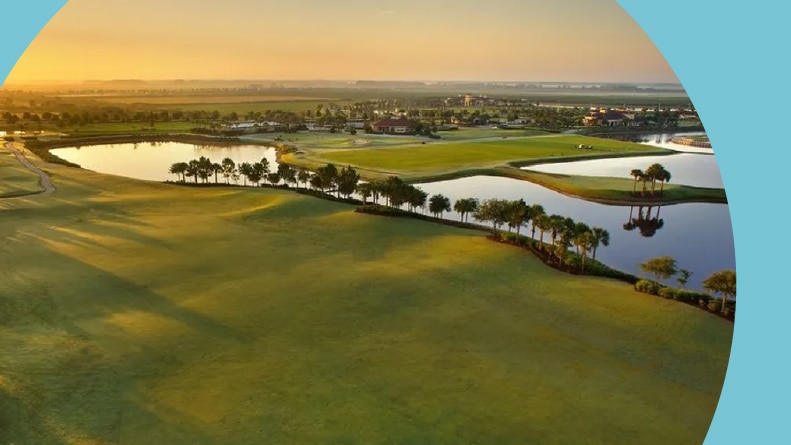 Aerial view of the golf course at Del Webb Naples in Ave Maria, Florida.