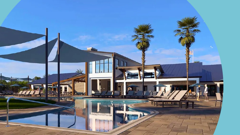 Rendering of the clubhouse and outdoor pool at Del Webb River Reserve in Spring Hill, Florida.
