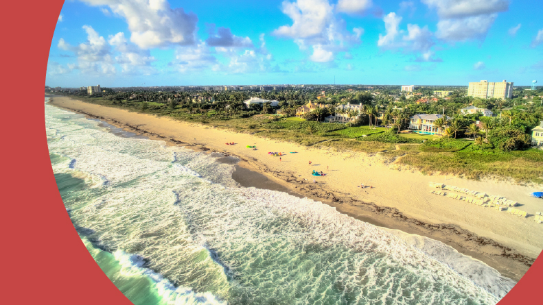 Aerial view of the shore and city in Delray Beach, Florida.