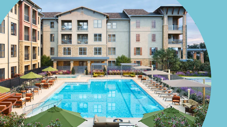 Rendering of the apartment building and outdoor pool at Elate Bent Tree in Dallas, Texas.