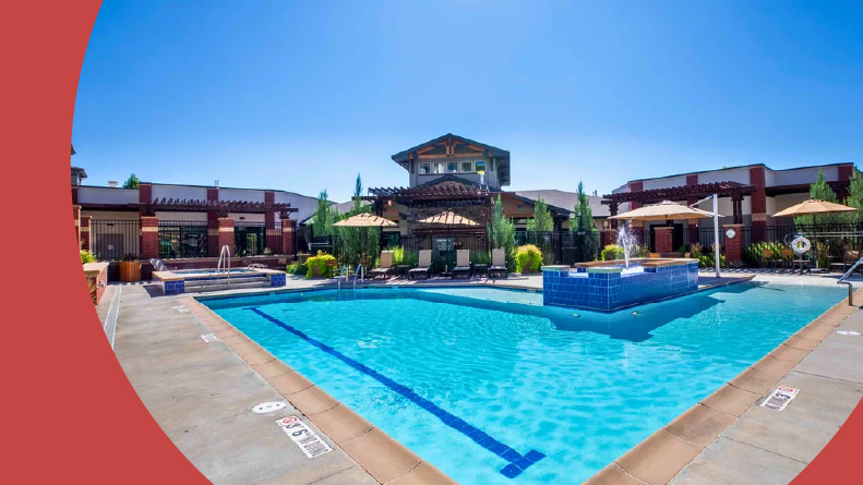 The outdoor pool at Everleigh Central Park in Denver, Colorado.