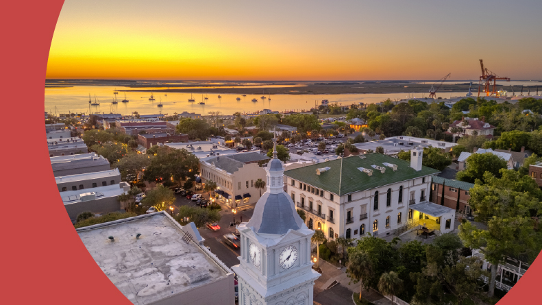 The historic downtown cityscape at dusk in Fernandina Beach, one of the best places to retire in the Florida Panhandle.