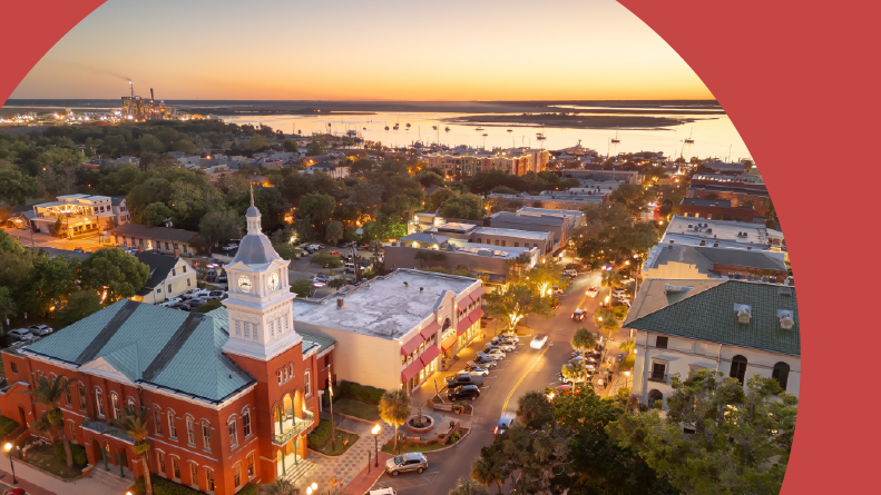 The historic downtown cityscape at dusk in Fernandina Beach, Florida.