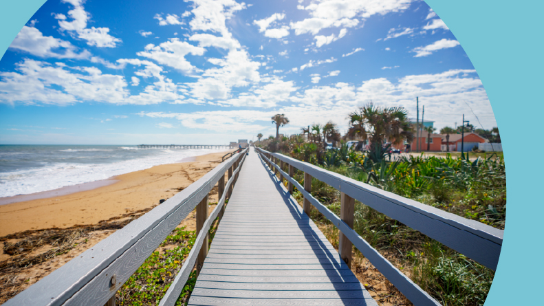 The Flagler Beach boardwalk on a sunny day in Florida.