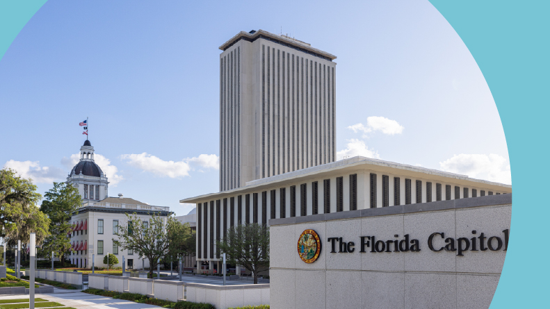 The old and the new Florida State Capitol and the Florida House Office Building in Tallahassee, Florida.