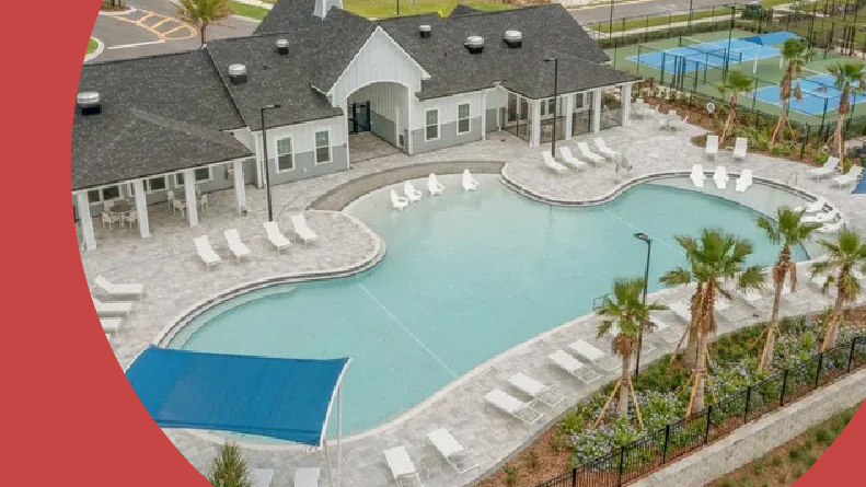 Aerial view of the outdoor pool at Freedom at Sawmill Branch in Palm Coast, Florida.