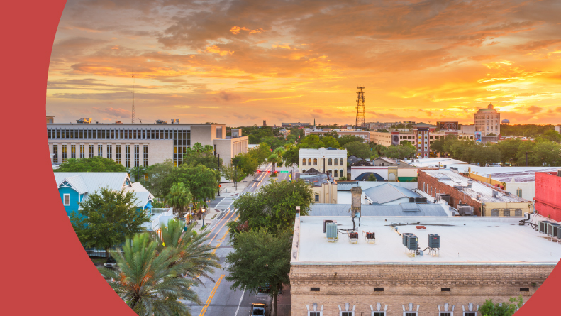 The downtown cityscape at dusk in Gainesville, Florida.