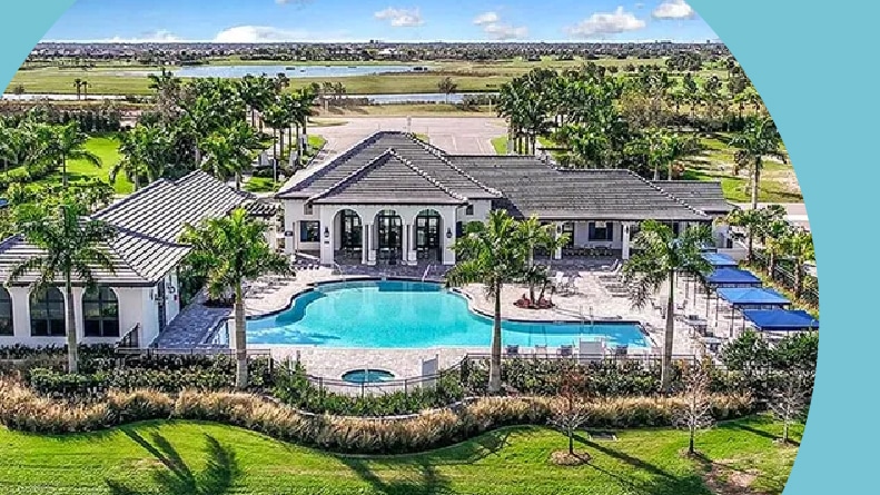 Aerial view of the clubhouse and outdoor pool at Indigo in Lakewood Ranch, Florida.