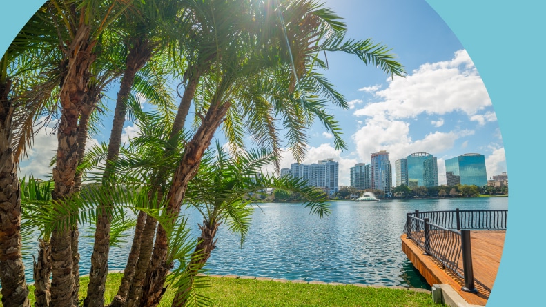 View across the water of Orlando, Florida, in Lake Eola Park.