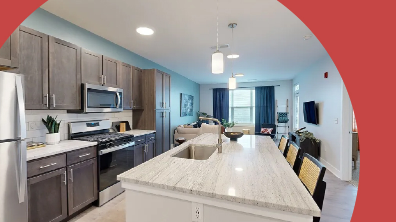 Interior view of the kitchen and model home at McDowell Point in Naperville, Illinois.