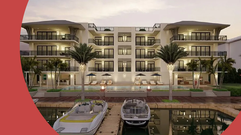Boats docked outside a residential building at Moorings in Naples, Florida.