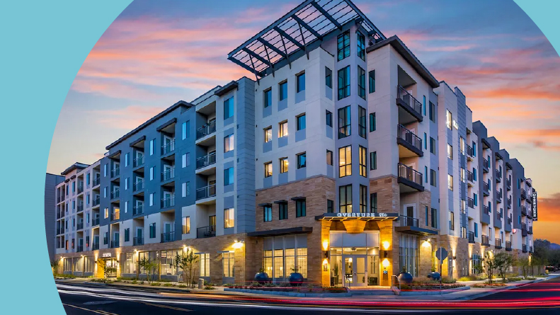Exterior view of the apartment building at Overture Kierland in Scottsdale, Arizona.