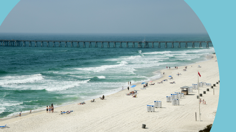 Aerial view of people enjoying the beach in Panama City Beach, Florida.