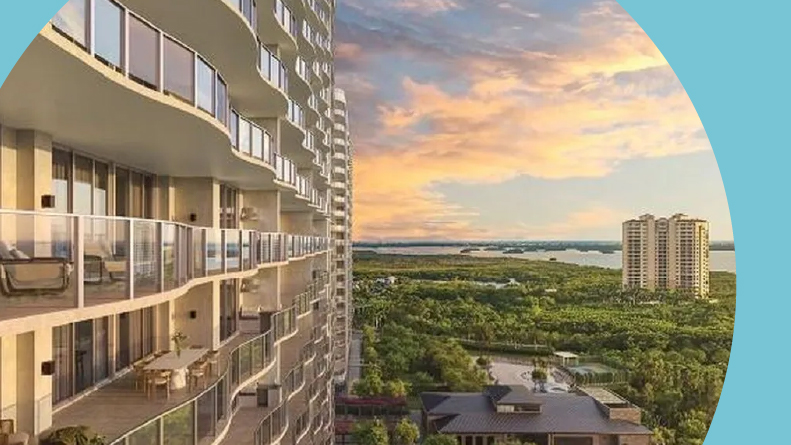 Exterior view of a residential building at Pelican Landing in Bonita Springs, Florida.